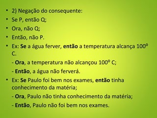 • 2) Negação do consequente:
• Se P, então Q;
• Ora, não Q;
• Então, não P.
• Ex: Se a água ferver, então a temperatura alcança 100⁰
C.
- Ora, a temperatura não alcançou 100⁰ C;
- Então, a água não ferverá.
• Ex: Se Paulo foi bem nos exames, então tinha
conhecimento da matéria;
- Ora, Paulo não tinha conhecimento da matéria;
- Então, Paulo não foi bem nos exames.
 