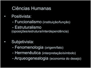       Ciências HumanasPositivista:         - Funcionalismo (instituição/função)       - Estruturalismo (oposições/estrutura/interdependência)Subjetivista:        - Fenomenologia (origem/fato)       - Hermenêutica (interpretação/símbolo)       - Arqueogenealogia(economia do desejo)