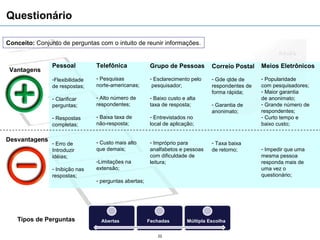Questionário

Conceito: Conjunto de perguntas com o intuito de reunir informações.


                Pessoal          Telefônica             Grupo de Pessoas        Correio Postal    Meios Eletrônicos
 Vantagens
                -Flexibilidade   - Pesquisas            - Esclarecimento pelo   - Gde qtde de     - Popularidade
                de respostas;    norte-americanas;       pesquisador;           respondentes de   com pesquisadores;
                                                                                forma rápida;     - Maior garantia
                - Clarificar     - Alto número de       - Baixo custo e alta                      de anonimato;
                perguntas;       respondentes;          taxa de resposta;       - Garantia de     - Grande número de
                                                                                anonimato;        respondentes;
                - Respostas      - Baixa taxa de        - Entrevistados no                        - Curto tempo e
                completas;       não-resposta;          local de aplicação;                       baixo custo;

Desvantagens                     - Custo mais alto      - Impróprio para
                - Erro de                                                       - Taxa baixa
                Introduzir       que demais;            analfabetos e pessoas   de retorno;       - Impedir que uma
                idéias;                                 com dificuldade de                        mesma pessoa
                                 -Limitações na         leitura;                                  responda mais de
                - Inibição nas   extensão;                                                        uma vez o
                respostas;                                                                        questionário;
                                 - perguntas abertas;




   Tipos de Perguntas

                                                           22
 