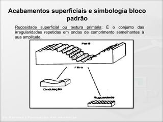 Acabamentos superficiais e simbologia bloco
padrão
Rugosidade superficial ou textura primária: É o conjunto das
irregularidades repetidas em ondas de comprimento semelhantes à
sua amplitude.
 