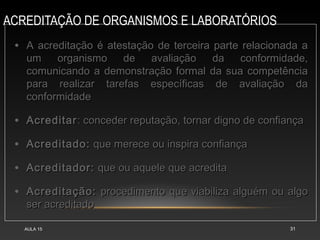 ACREDITAÇÃO DE ORGANISMOS E LABORATÓRIOS
AULA 15 31
• A acreditação é atestação de terceira parte relacionada a
A acreditação é atestação de terceira parte relacionada a
um organismo de avaliação da conformidade,
um organismo de avaliação da conformidade,
comunicando a demonstração formal da sua competência
comunicando a demonstração formal da sua competência
para realizar tarefas específicas de avaliação da
para realizar tarefas específicas de avaliação da
conformidade
conformidade
• Acreditar
Acreditar: conceder reputação, tornar digno de confiança
: conceder reputação, tornar digno de confiança
• Acreditado:
Acreditado: que merece ou inspira confiança
que merece ou inspira confiança
• Acreditador:
Acreditador: que ou aquele que acredita
que ou aquele que acredita
• Acreditação:
Acreditação: procedimento que viabiliza alguém ou algo
procedimento que viabiliza alguém ou algo
ser acreditado
ser acreditado
 