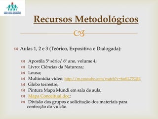 
 Aulas 1, 2 e 3 (Teórico, Expositiva e Dialogada):
 Apostila 5ª série/ 6º ano, volume 4;
 Livro: Ciências da Natureza;
 Lousa;
 Multimídia vídeo: http://m.youtube.com/watch?v=6a6lL77GjlE
 Globo terrestre;
 Pintura Mapa Mundi em sala de aula;
 Mapa Conceitual.doc;
 Divisão dos grupos e solicitação dos materiais para
confecção do vulcão.
Recursos Metodológicos
 