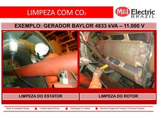 LIMPEZA COM CO2
co2
EXEMPLO: GERADOR BAYLOR 4833 kVA – 11.000 V
LIMPEZA DO ESTATOR LIMPEZA DO ROTOR
 