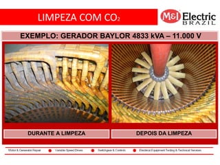LIMPEZA COM CO2
co2
EXEMPLO: GERADOR BAYLOR 4833 kVA – 11.000 V
DURANTE A LIMPEZA DEPOIS DA LIMPEZA
 