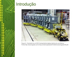 Introdução
Figura 4:. Exemplo de um AGV transportante objetos dentro de uma fábrica.
Fonte:http://www.logweb.com.br/wp-content/uploads/2015/02/revista-logweb-65.pdf.
 
