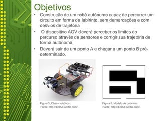 Objetivos
• Construção de um robô autônomo capaz de percorrer um
circuito em forma de labirinto, sem demarcações e com
desvios de trajetória
• O dispositivo AGV deverá perceber os limites do
percurso através de sensores e corrigir sua trajetória de
forma autônoma;
• Deverá sair de um ponto A e chegar a um ponto B pré-
determinado.
Figura 5: Chassi robótico. Figura 6: Modelo de Labirinto.
Fonte: http://43952.tumblr.com/. Fonte: http://43952.tumblr.com/.
 
