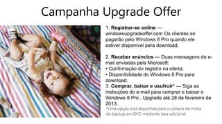 Campanha Upgrade Offer
          1. Registrar-se online —
          windowsupgradeoffer.com Os clientes só
          pagarão pelo Windows 8 Pro quando ele
          estiver disponível para download.

          2. Receber anúncios — Duas mensagens de e-
          mail enviadas pela Microsoft:
          • Confirmação do registro na oferta;
          • Disponibilidade do Windows 8 Pro para
          download.
          3. Comprar, baixar e usufruir* — Siga as
          instruções do e-mail para comprar e baixar o
          Windows 8 Pro . Upgrade até 28 de fevereiro de
          2013.
          *Uma opção está disponível para a compra de mídia
          de backup em DVD mediante taxa adicional.
 