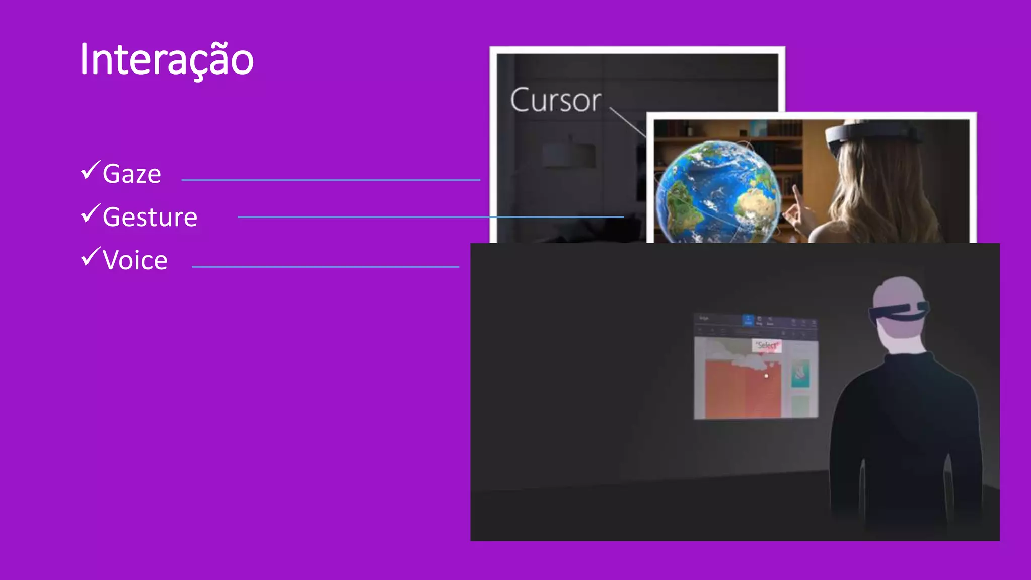 Interação
Gaze
Gesture
Voice
 