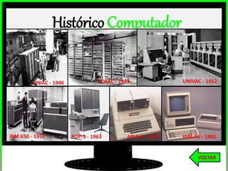 Histórico Computador
ENIAC - 1946 EDSAC - 1949 UNIVAC - 1952
IBM 650 - 1954 PDP-5 - 1963 APLE II - 1977 IBM-PC - 1981
VOLTAR
 