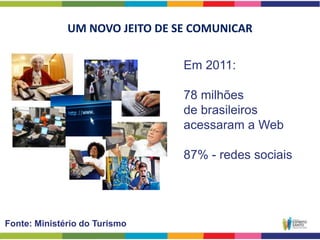 UM NOVO JEITO DE SE COMUNICAR

                                Em 2011:

                                78 milhões
                                de brasileiros
                                acessaram a Web

                                87% - redes sociais




Fonte: Ministério do Turismo
 