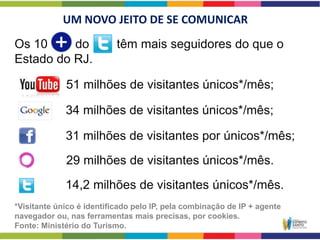 UM NOVO JEITO DE SE COMUNICAR
Os 10     do               têm mais seguidores do que o
Estado do RJ.

             51 milhões de visitantes únicos*/mês;

             34 milhões de visitantes únicos*/mês;

             31 milhões de visitantes por únicos*/mês;
             29 milhões de visitantes únicos*/mês.
             14,2 milhões de visitantes únicos*/mês.
*Visitante único é identificado pelo IP, pela combinação de IP + agente
navegador ou, nas ferramentas mais precisas, por cookies.
Fonte: Ministério do Turismo.
 