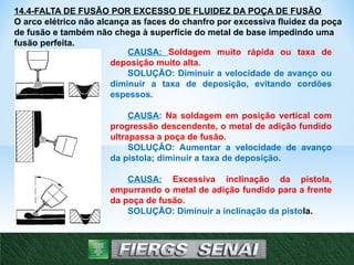 14.4-FALTA DE FUSÃO POR EXCESSO DE FLUIDEZ DA POÇA DE FUSÃO
O arco elétrico não alcança as faces do chanfro por excessiva fluidez da poça
de fusão e também não chega à superfície do metal de base impedindo uma
fusão perfeita.
CAUSA: Soldagem muito rápida ou taxa de
deposição muito alta.
SOLUÇÃO: Diminuir a velocidade de avanço ou
diminuir a taxa de deposição, evitando cordões
espessos.
CAUSA: Na soldagem em posição vertical com
progressão descendente, o metal de adição fundido
ultrapassa a poça de fusão.
SOLUÇÃO: Aumentar a velocidade de avanço
da pistola; diminuir a taxa de deposição.
CAUSA: Excessiva inclinação da pistola,
empurrando o metal de adição fundido para a frente
da poça de fusão.
SOLUÇÃO: Diminuir a inclinação da pistola.
25
 