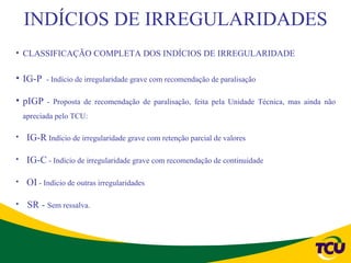 INDÍCIOS DE IRREGULARIDADES
• CLASSIFICAÇÃO COMPLETA DOS INDÍCIOS DE IRREGULARIDADE

• IG-P - Indício de irregularidade grave com recomendação de paralisação

• pIGP - Proposta de recomendação de paralisação, feita pela Unidade Técnica, mas ainda não
    apreciada pelo TCU:

•    IG-R Indício de irregularidade grave com retenção parcial de valores

•    IG-C - Indício de irregularidade grave com recomendação de continuidade

•    OI - Indício de outras irregularidades

•    SR - Sem ressalva.
 