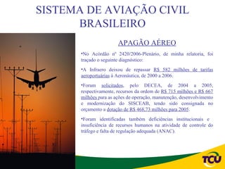 SISTEMA DE AVIAÇÃO CIVIL
      BRASILEIRO
                        APAGÃO AÉREO
       •No Acórdão nº 2420/2006-Plenário, de minha relatoria, foi
       traçado o seguinte diagnóstico:
       •A Infraero deixou de repassar R$ 582 milhões de tarifas
       aeroportuárias à Aeronáutica, de 2000 a 2006.
       •Foram solicitados, pelo DECEA, de 2004 a 2005,
       respectivamente, recursos da ordem de R$ 715 milhões e R$ 667
       milhões para as ações de operação, manutenção, desenvolvimento
       e modernização do SISCEAB, tendo sido consignada no
       orçamento a dotação de R$ 468,73 milhões para 2005.
       •Foram identificadas também deficiências institucionais e
       insuficiência de recursos humanos na atividade de controle do
       tráfego e falta de regulação adequada (ANAC).
 