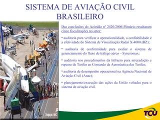 SISTEMA DE AVIAÇÃO CIVIL
      BRASILEIRO
       Das conclusões do Acórdão nº 2420/2006-Plenário resultaram
       cinco fiscalizações no setor:
       • auditoria para verificar a operacionalidade, a confiabilidade e
       a efetividade do Sistema de Visualização Radar X-4000.(BZ);
       • auditoria de conformidade para avaliar o sistema de
       gerenciamento do fluxo de tráfego aéreo – Syncromax;
       • auditoria nos procedimentos da Infraero para arrecadação e
       repasse de Tarifas ao Comando da Aeronáutica das Tarifas;
       • auditoria de desempenho operacional na Agência Nacional de
       Aviação Civil (Anac);
       • planejamento/execução das ações da União voltadas para o
       sistema de aviação civil.
 