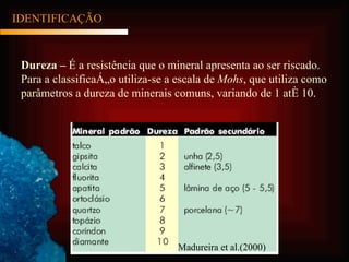 IDENTIFICAÇÃO Dureza –  É a resistência que o mineral apresenta ao ser riscado. Para a classificação utiliza-se a escala de  Mohs , que utiliza como parâmetros a dureza de minerais comuns, variando de 1 até 10. Madureira et al.(2000) 