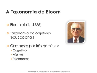  Bloom et al. (1956)
 Taxonomia de objetivos
educacionais
 Composta por três domínios:
› Cognitivo
› Afetivo
› Psicomotor
Universidade de Pernambuco | Licenciatura em Computação
A Taxonomia de Bloom
 