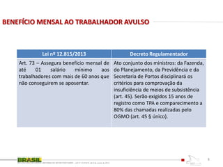BENEFÍCIO MENSAL AO TRABALHADOR AVULSO
REFORMA DO SETOR PORTUÁRIO – LEI nº 12.815/13, de 6 de Junho de 2013
8
Lei nº 12.815/2013 Decreto Regulamentador
Art. 73 – Assegura benefício mensal de
até 01 salário mínimo aos
trabalhadores com mais de 60 anos que
não conseguirem se aposentar.
Ato conjunto dos ministros: da Fazenda,
do Planejamento, da Previdência e da
Secretaria de Portos disciplinará os
critérios para comprovação da
insuficiência de meios de subsistência
(art. 45). Serão exigidos 15 anos de
registro como TPA e comparecimento a
80% das chamadas realizadas pelo
OGMO (art. 45 § único).
 