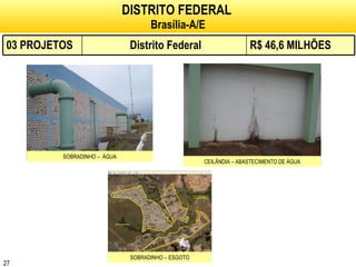 DISTRITO FEDERAL   Brasília-A/E SOBRADINHO –  ÁGUA SOBRADINHO – ESGOTO CEILÂNDIA – ABASTECIMENTO DE ÁGUA 03 PROJETOS Distrito Federal R$ 46,6 MILHÕES 