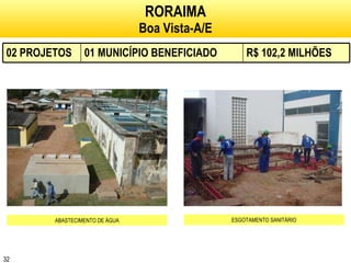 RORAIMA Boa Vista-A/E ABASTECIMENTO DE ÁGUA ESGOTAMENTO SANITÁRIO 02 PROJETOS 01 MUNICÍPIO BENEFICIADO R$ 102,2 MILHÕES 