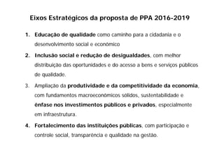 1. Educação de qualidade como caminho para a cidadania e o
desenvolvimento social e econômico
2. Inclusão social e redução de desigualdades, com melhor
distribuição das oportunidades e do acesso a bens e serviços públicos
de qualidade.
3. Ampliação da produtividade e da competitividade da economia,
com fundamentos macroeconômicos sólidos, sustentabilidade e
ênfase nos investimentos públicos e privados, especialmente
em infraestrutura.
4. Fortalecimento das instituições públicas, com participação e
controle social, transparência e qualidade na gestão.
Eixos Estratégicos da proposta de PPA 2016-2019
 