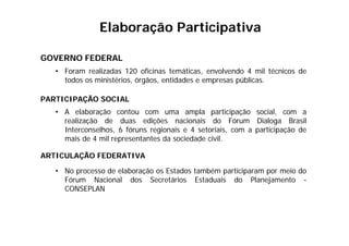 GOVERNO FEDERAL
• Foram realizadas 120 oficinas temáticas, envolvendo 4 mil técnicos de
todos os ministérios, órgãos, entidades e empresas públicas.
PARTICIPAÇÃO SOCIAL
• A elaboração contou com uma ampla participação social, com a
realização de duas edições nacionais do Fórum Dialoga Brasil
Interconselhos, 6 fóruns regionais e 4 setoriais, com a participação de
mais de 4 mil representantes da sociedade civil.
ARTICULAÇÃO FEDERATIVA
• No processo de elaboração os Estados também participaram por meio do
Fórum Nacional dos Secretários Estaduais do Planejamento -
CONSEPLAN
Elaboração Participativa
 