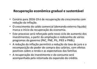 Recuperação econômica gradual e sustentável
• Cenário para 2016‐19 é de recuperação do crescimento com 
redução da inflação.
• O crescimento do saldo comercial (demanda externa líquida) 
marca o início da recuperação da economia.
• Este processo será reforçado pelo novo ciclo de aumento dos 
investimentos, a partir da ampliação e redesenho de vários 
programas do governo (PAC, PNE, PIL, PIEE e PNBL).
• A redução da inflação permitirá a redução da taxa de juro e a 
recomposição do poder de compra dos salários, com efeitos 
positivos sobre a renda e as expectativas das famílias
• A recuperação do investimento e do consumo será 
acompanhada pela retomada da expansão do crédito.
4
 