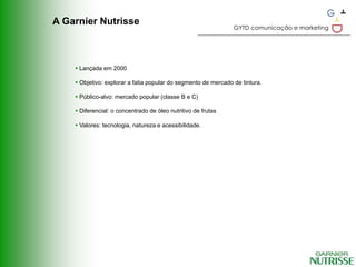 A Garnier Nutrisse
                                                                GYTD comunicação e marketing




     Lançada em 2000

     Objetivo: explorar a fatia popular do segmento de mercado de tintura.

     Público-alvo: mercado popular (classe B e C)

     Diferencial: o concentrado de óleo nutritivo de frutas

     Valores: tecnologia, natureza e acessibilidade.
 