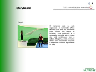 GYTD comunicação e marketing
Storyboard




Cena 1

             O namorado esta na sala
             esperando a namorada (Aline
             Moraes) que está se arrumando
             para saírem. Ela desce as
             escadas, toda produzida e o
             namorado comenta que a roupa
             não está combinando com o
             cabelo. Ela para, pensa, tem uma
             idéia e sobe novamente, enquanto
             o namorado continua aguardando
             na sala.
 