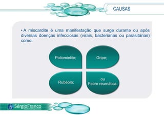• A miocardite é uma manifestação que surge durante ou após
diversas doenças infecciosas (virais, bacterianas ou parasitárias)
como:
CAUSAS
Poliomielite; Gripe;
Rubéola;
ou
Febre reumática.
 