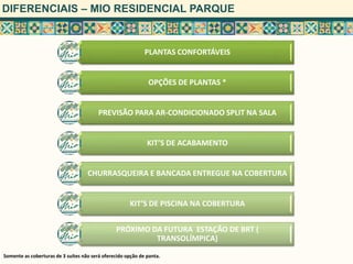 DIFERENCIAIS – MIO RESIDENCIAL PARQUE


                                                             PLANTAS CONFORTÁVEIS


                                                              OPÇÕES DE PLANTAS *


                                         PREVISÃO PARA AR-CONDICIONADO SPLIT NA SALA


                                                              KIT’S DE ACABAMENTO


                                    CHURRASQUEIRA E BANCADA ENTREGUE NA COBERTURA


                                                      KIT’S DE PISCINA NA COBERTURA


                                                PRÓXIMO DA FUTURA ESTAÇÃO DE BRT (
                                                         TRANSOLÍMPICA)

Somente as coberturas de 3 suítes não será oferecido opção de panta.
 