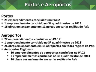 OBRAS ENTREGUES PARA A COPA DO MUNDO 2014
Destaques
Portos
 Recife/PE – Terminal de Passageiros – 30/08/2013
Aeroportos
...