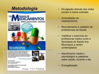 Metodologia

• Divulgação através das redes
sociais e meios eclesiais
• Arrecadação de
medicamentos
• Recrutamento e cadastro de
profissionais da Saúde
• Viabilizar o exercício do
profissional médico junto a
Secretaria de Saúde dos
Municípios a serem
contemplados

• Atendimento médico /
odontológico e palestras
sobre saúde, durante o dia
• Evangelização

 