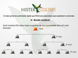 3– Renda residual

Você receberá 2% sobre todos os ganhos de sua comunidade até o 6º nível.
Exemplo:                               Você



                                                         1º nível



                                                                    2º nível


                                                                           3º nível
 