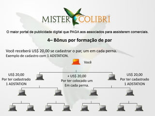 4– Bônus por formação de par

  Você receberá US$ 20,00 se cadastrar o par, um em cada perna.
  Exemplo de cadastro com 1 ADSTATION.
                                              Você


    US$ 20,00                        + US$ 20,00                      US$ 20,00
Por ter cadastrado               Por ter colocado um              Por ter cadastrado
  1 ADSTATION                      Em cada perna.                   1 ADSTATION
 
