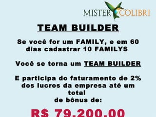 TEAM BUILDER
Se você for um FAMILY, e em 60
  dias cadastrar 10 FAMILYS

Você se torna um TEAM BUILDER

E participa do faturamento de 2%
  dos lucros da empresa até um
              total
           de bônus de:
 