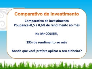 Comparativo de investimento Poupança=0,5 a 0,6% de rendimento ao mês Na Mr COLIBRI, 29% de rendimento ao mês Aonde que você prefere aplicar o seu dinheiro? 