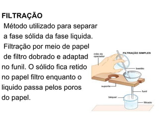 FILTRAÇÃO  Método utilizado para separar a fase sólida da fase liquida. Filtração por meio de papel de filtro dobrado e adaptado  no funil. O sólido fica retido  no papel filtro enquanto o  liquido passa pelos poros  do papel. 