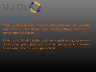 COMO FUNCIONA:
5ª etapa – Após receber dos seus 9 netos partirá automaticamente
para o 2º ciclo, iniciando as mesmas etapas explicados aqui, até se
completarem os 3 ciclos.
6ª etapa – Ao fim dos 3 ciclos você terá a opção de seguir para o 4º
ciclo e ter um ganho jamais visto em nenhum outro site do gênero,
cabe a você decidir se vale a pena ou não.

 