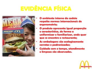 EVIDÊNCIA FÍSICA O ambiente interno da cadeia respeita normas internacionais de ergonometria; O produto apresenta igual proporção e característica, de forma a uniformizar e familiarizar, onde quer que se encontre o restaurante;  As embalagens são ecologicamente corretas e padronizadas; Cuidado com o tempo, atendimento e limpeza são observados. 
