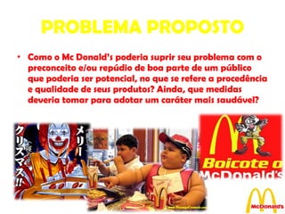 PROBLEMA PROPOSTO Como o Mc Donald’s poderia suprir seu problema com o preconceito e/ou repúdio de boa parte de um público que poderia ser potencial, no que se refere a procedência e qualidade de seus produtos? Ainda, que medidas deveria tomar para adotar um caráter mais saudável? 