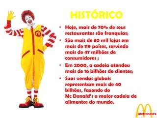 HISTÓRICO Hoje, mais de 70% de seus restaurantes são franquias; São mais de 30 mil lojas em mais de 119 países, servindo mais de 47 milhões de consumidores ; Em 2000, a cadeia atendeu mais de 16 bilhões de clientes; Suas vendas globais representam mais de 40 bilhões, fazendo do  Mc Donald’s a maior cadeia de alimentos do mundo. 