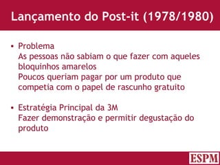 Lançamento do Post-it (1978/1980) Problema As pessoas não sabiam o que fazer com aqueles bloquinhos amarelos Poucos queriam pagar por um produto que competia com o papel de rascunho gratuito Estratégia Principal da 3M Fazer demonstração e permitir degustação do produto Versão: Janeiro 2007  Autor: Prof. Sandro Magaldi 
