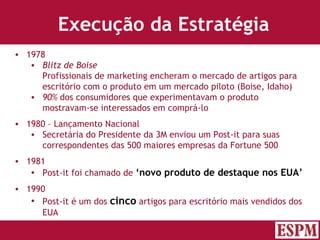 Execução da Estratégia 1978 Blitz de Boise Profissionais de marketing encheram o mercado de artigos para escritório com o produto em um mercado piloto (Boise, Idaho) 90%  dos consumidores que experimentavam o produto mostravam-se interessados em comprá-lo 1980 – Lançamento Nacional Secretária do Presidente da 3M enviou um Post-it para suas correspondentes das 500 maiores empresas da Fortune 500 1981 Post-it foi chamado de  ‘novo produto de destaque nos EUA’ 1990 Post-it é um dos  cinco  artigos para escritório mais vendidos dos EUA Versão: Janeiro 2007  Autor: Prof. Sandro Magaldi 