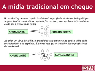 A mídia tradicional em cheque No marketing de interrupção tradicional, o profissional de marketing dirige-se para tantos consumidores quanto for possível, sem nenhum intermediário a não ser a empresa de mídia Ao criar um vírus de idéia, o anunciante cria um meio no qual a idéia pode se reproduzir e se espalhar. É o vírus que faz o trabalho não o profissional de marketinG Versão: Janeiro 2007  Autor: Prof. Sandro Magaldi ANUNCIANTE CONSUMIDORES ANUNCIANTE CONSUMIDORES 