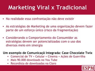 Marketing Viral x Tradicional Na realidade essa confrontação não deve existir As estratégias de Marketing de uma organização devem fazer parte de um esforço único (risco da fragmentação) Considerando o Comportamento do Consumidor as estratégias devem ser potencializadas com o uso dos diversos meio em sinergia Um exemplo de Comunicaçã Integrada: Case Chocolate Twix Comercial de TV + Celular + Cinema + Ações de Guerrilha Mais 90.000 downloads no You Tube Recordista de downloadas na Claro Versão: Janeiro 2007  Autor: Prof. Sandro Magaldi 