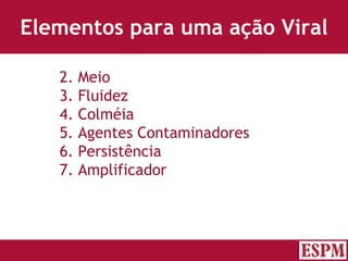 Elementos para uma ação Viral Meio Fluidez Colméia Agentes Contaminadores Persistência Amplificador Versão: Janeiro 2007  Autor: Prof. Sandro Magaldi 