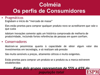 Colméia Os perfis de Consumidores   Pragmáticos Englobam o início do “mercado de massa” Eles estão prontos para comprar qualquer produto novo se acreditarem que vale o que custa Adotam inovações somente após um histórico comprovado de melhoria de produtividade, incluindo fortes referências de pessoas em quem confiam. Conservadores Mostram-se pessimistas quanto à capacidade de obter algum valor dos investimentos em tecnologia, e só realizam sob pressão  São muito sensíveis a preços, altamente céticos e muito exigentes.  Estão prontos para comprar um produto se o produto ou a marca estiverem estabelecidos Esses dois grupos representam de 55% a 65% da população total Versão: Janeiro 2007  Autor: Prof. Sandro Magaldi 