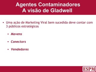 Agentes Contaminadores A visão de Gladwell   Uma ação de Marketing Viral bem sucedida deve contar com 3 públicos estratégicos Mavens Conectors Vendedores Versão: Janeiro 2007  Autor: Prof. Sandro Magaldi 