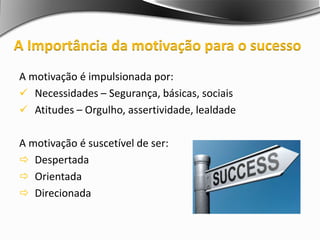 A Importância da motivação para o sucesso
A motivação é impulsionada por:
 Necessidades – Segurança, básicas, sociais
 Atitudes – Orgulho, assertividade, lealdade
A motivação é suscetível de ser:
 Despertada
 Orientada
 Direcionada
 